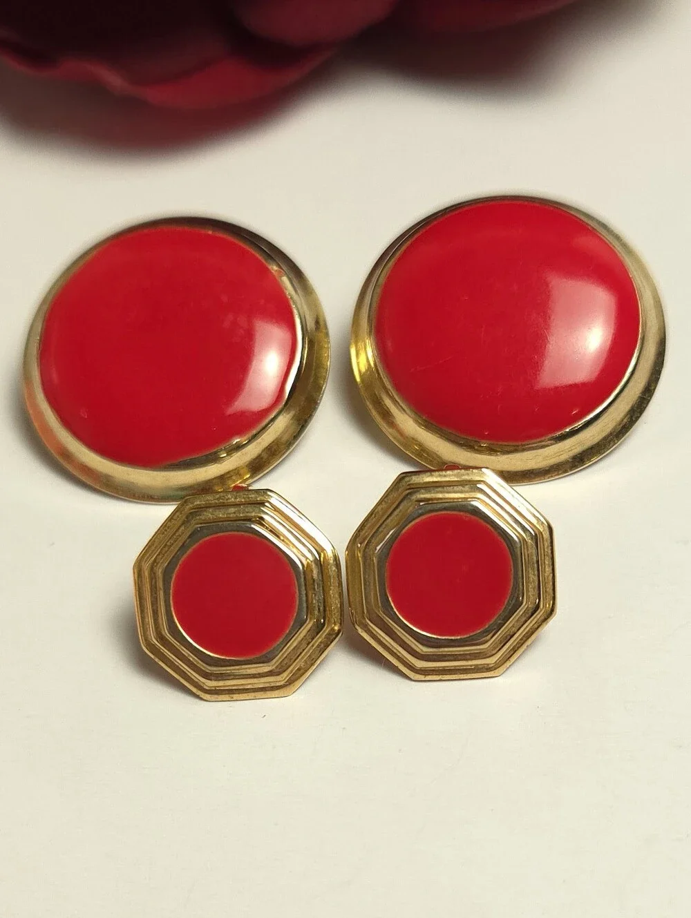2 Vintage Lipstick Red & Gold Plated Clip on Earrings Circle & Small Hexagon